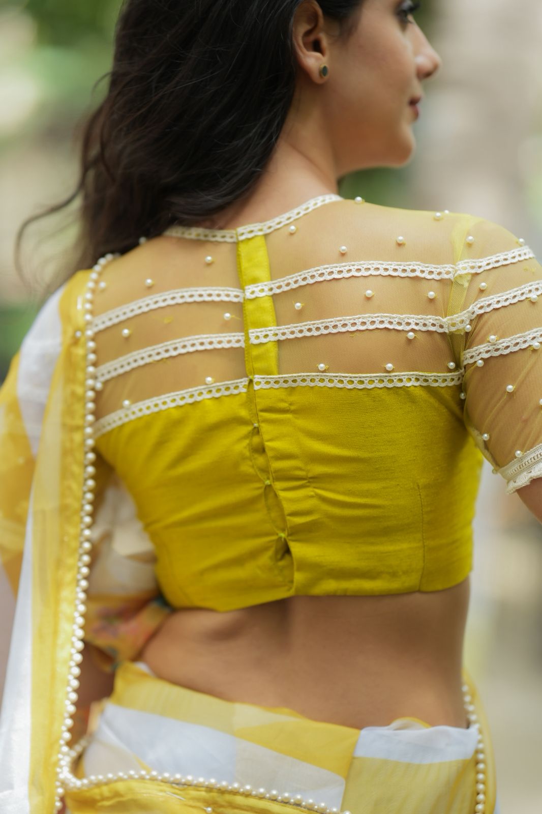 Fenugreek organza saree with hand work blouse