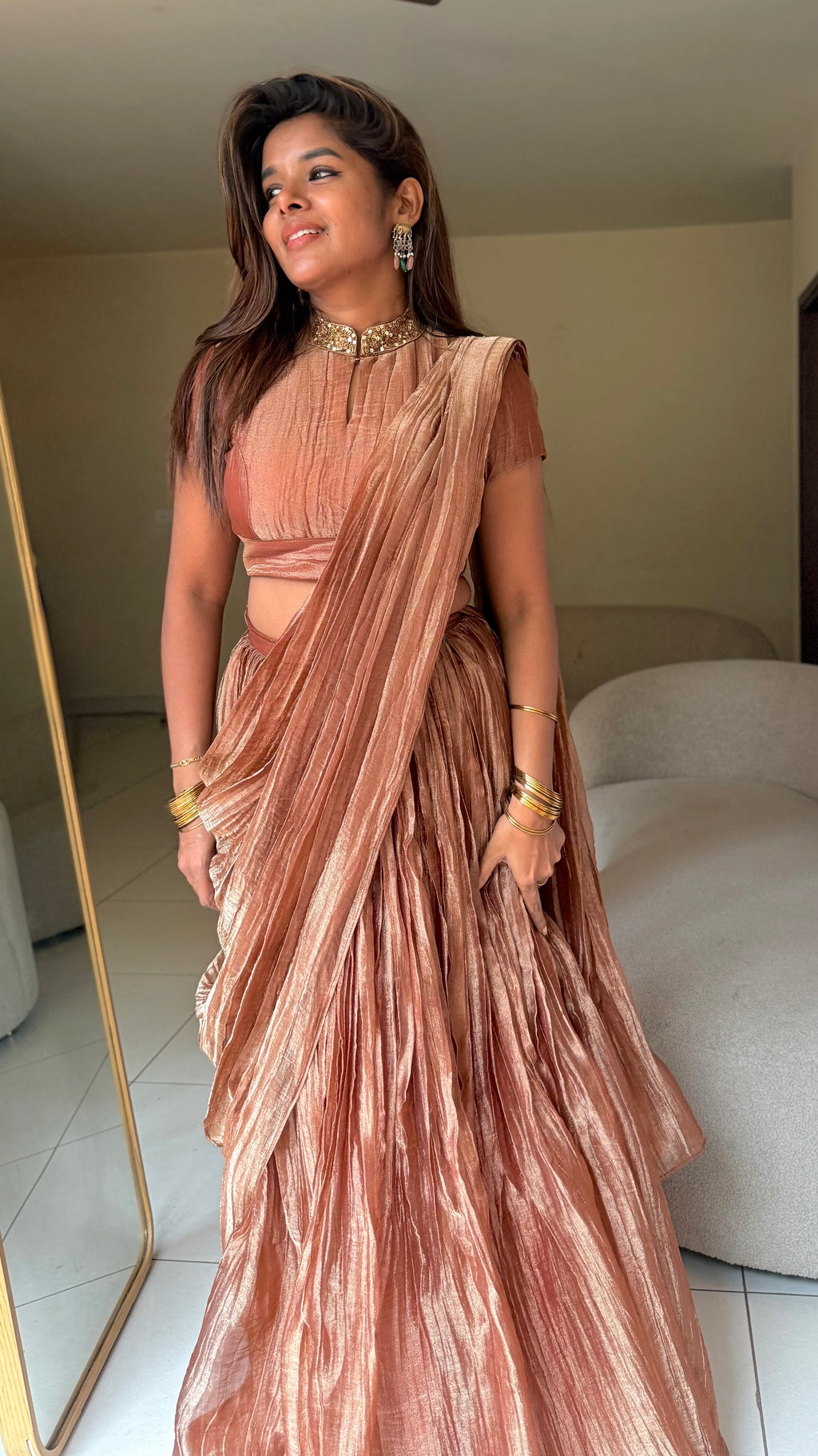 Copper tissue hand work lehenga