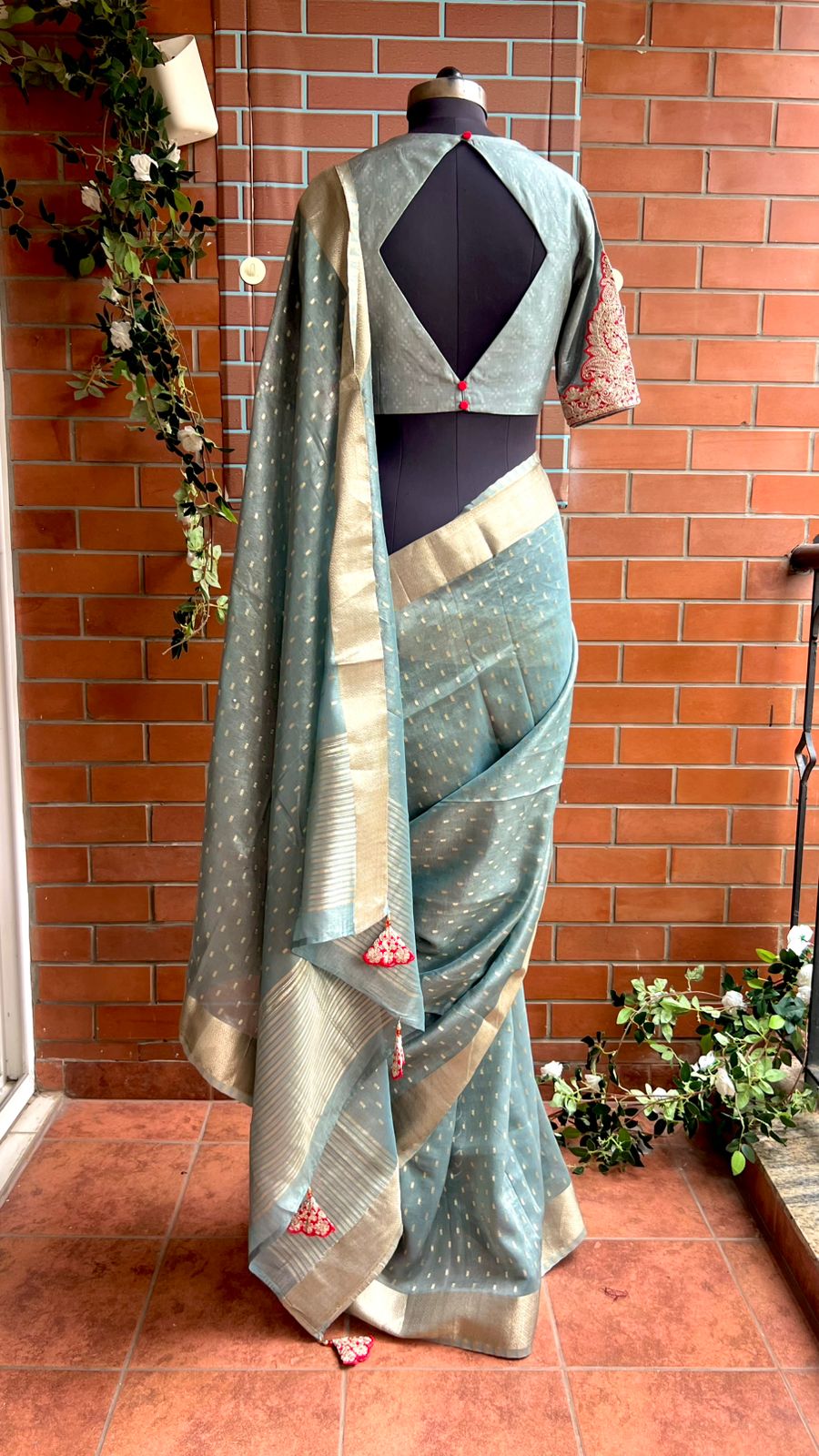 Grey banarasi saree with heavy embroidery blouse