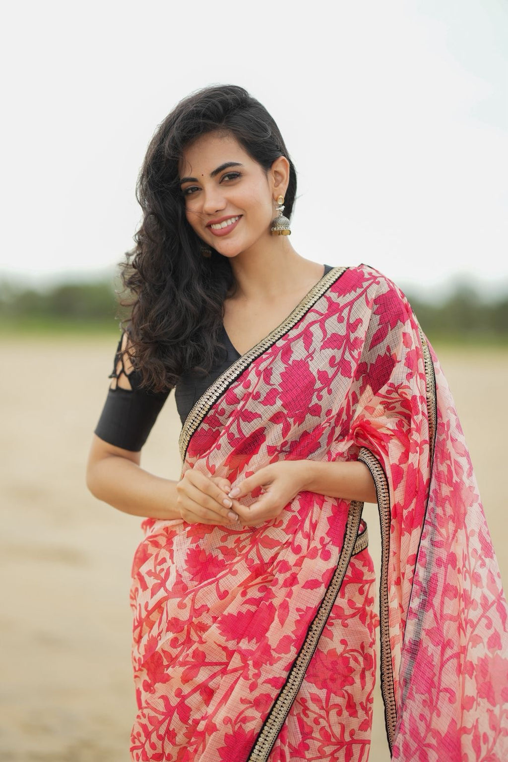 Cream red kota saree with silk hand work blouse