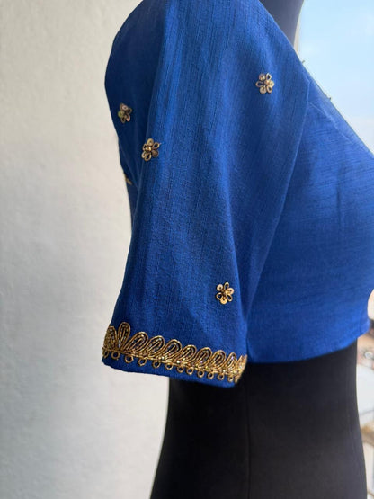 Blue silk shoulder hand worked blouse