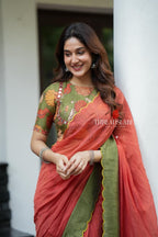 Orange rust mul cotton saree with kalamkari mirror blouse