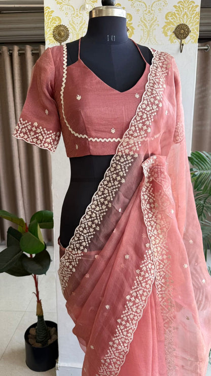 Peach tissue saree with tissue embroidery blouse