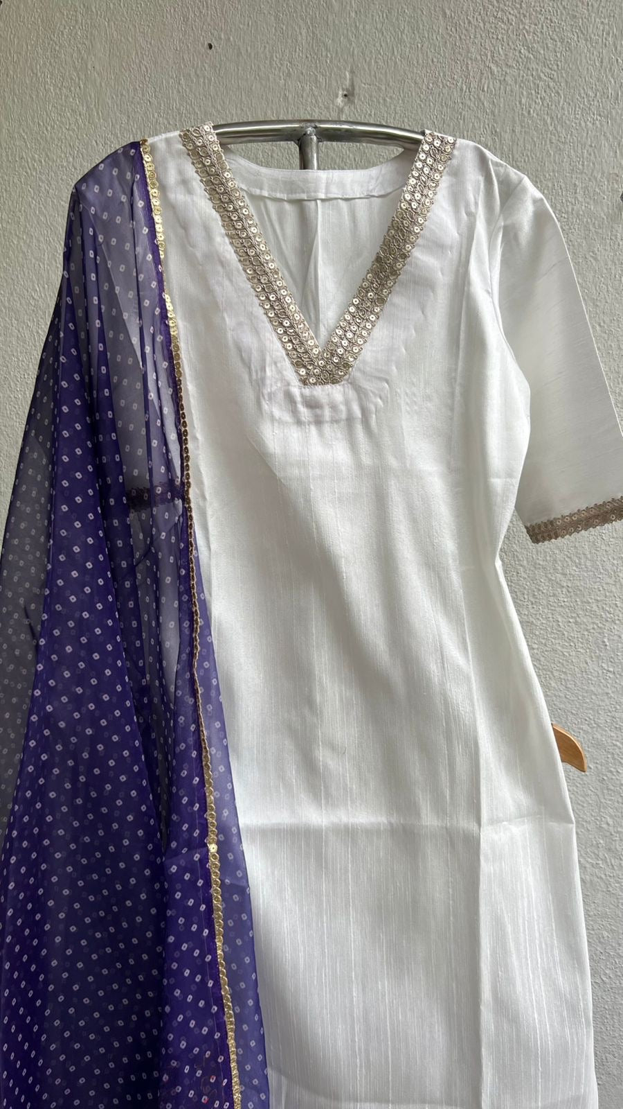 White & purple silk 3 piece kurti dress