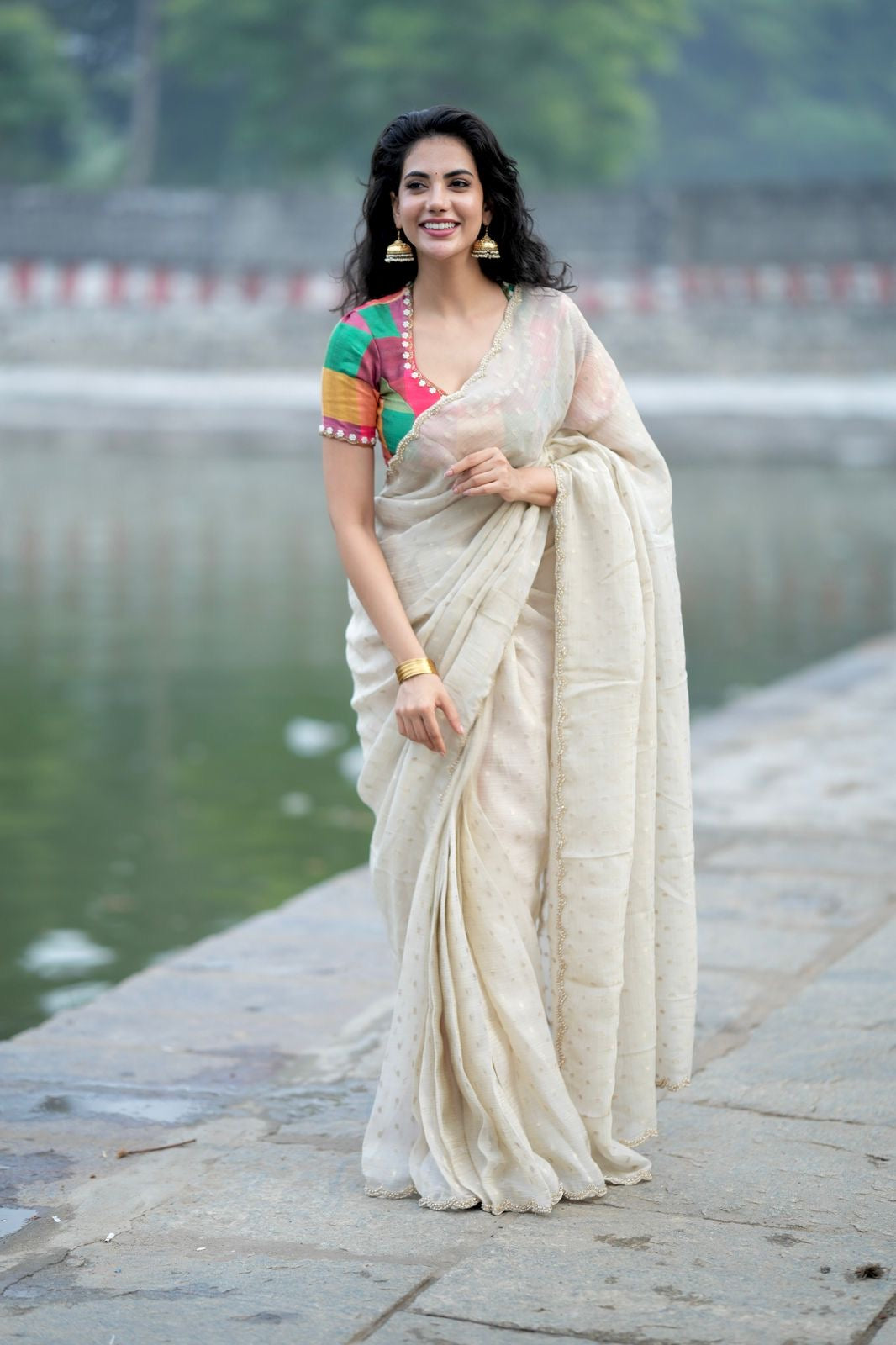 Beige georgette tissue saree with multi hand work blouse
