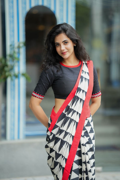 Black & white triangle saree with black hand work blouse