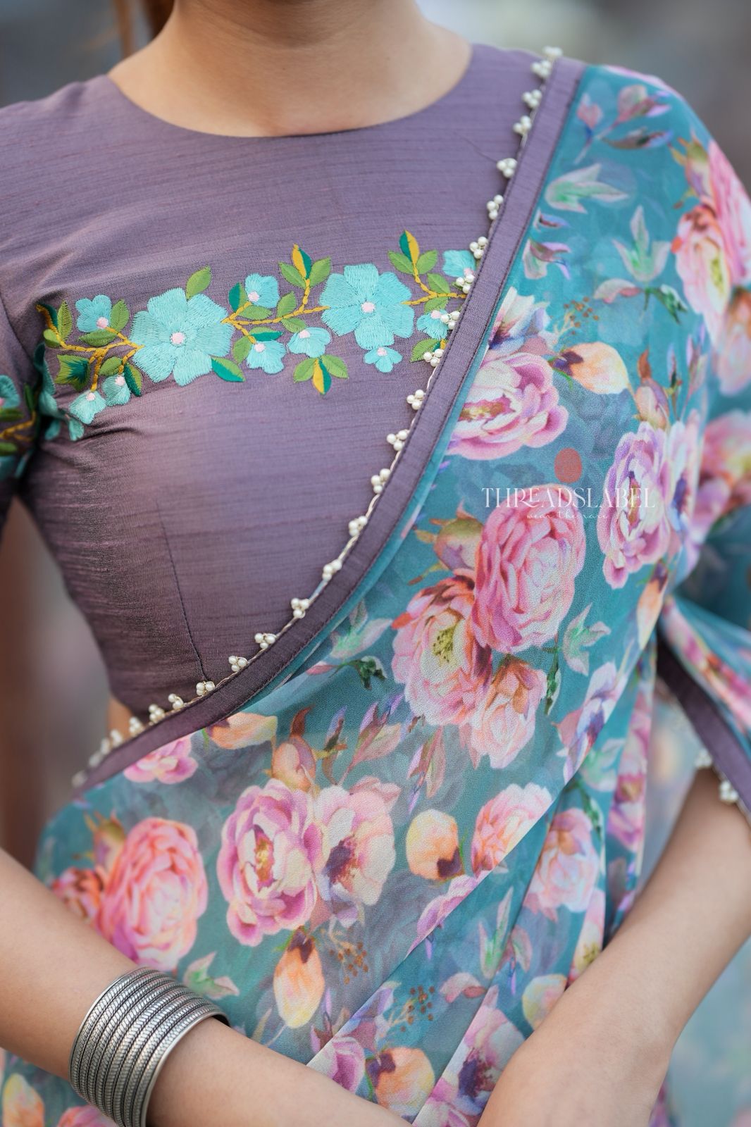 Grey silk floral embroidery blouse (Only blouse)