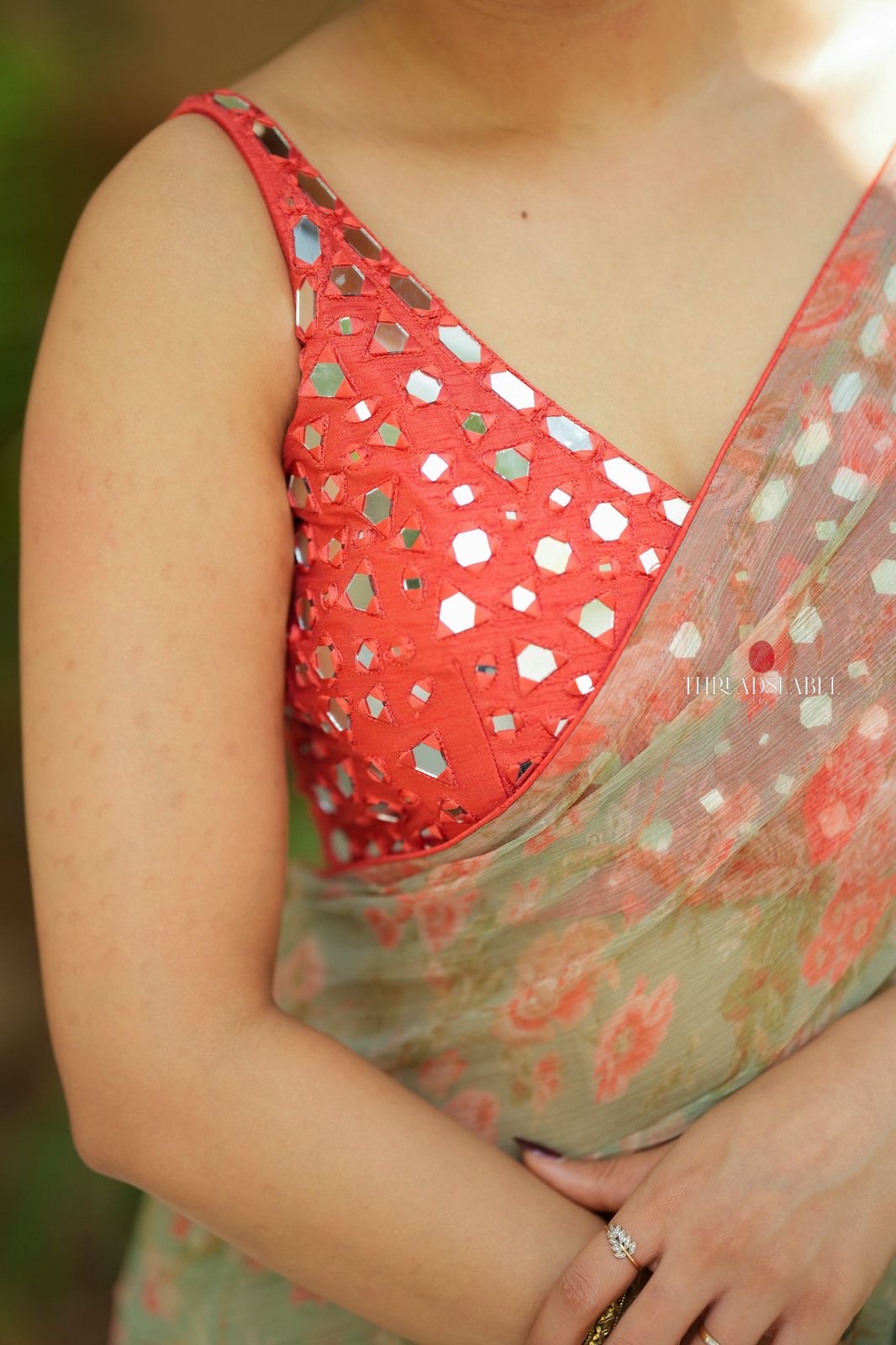 Red silk mirror hand work blouse (only blouse)