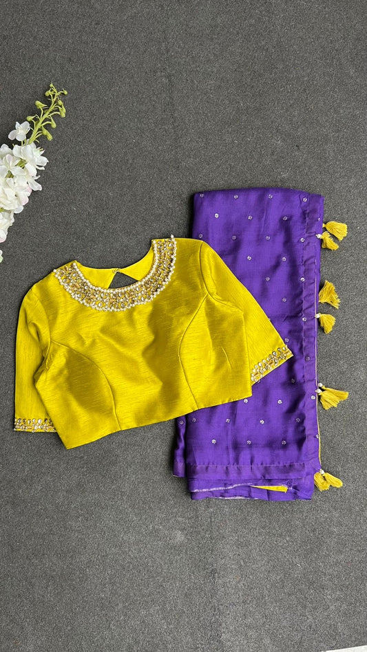 Purple soft jute saree with yellow JEWEL neck hand work blouse