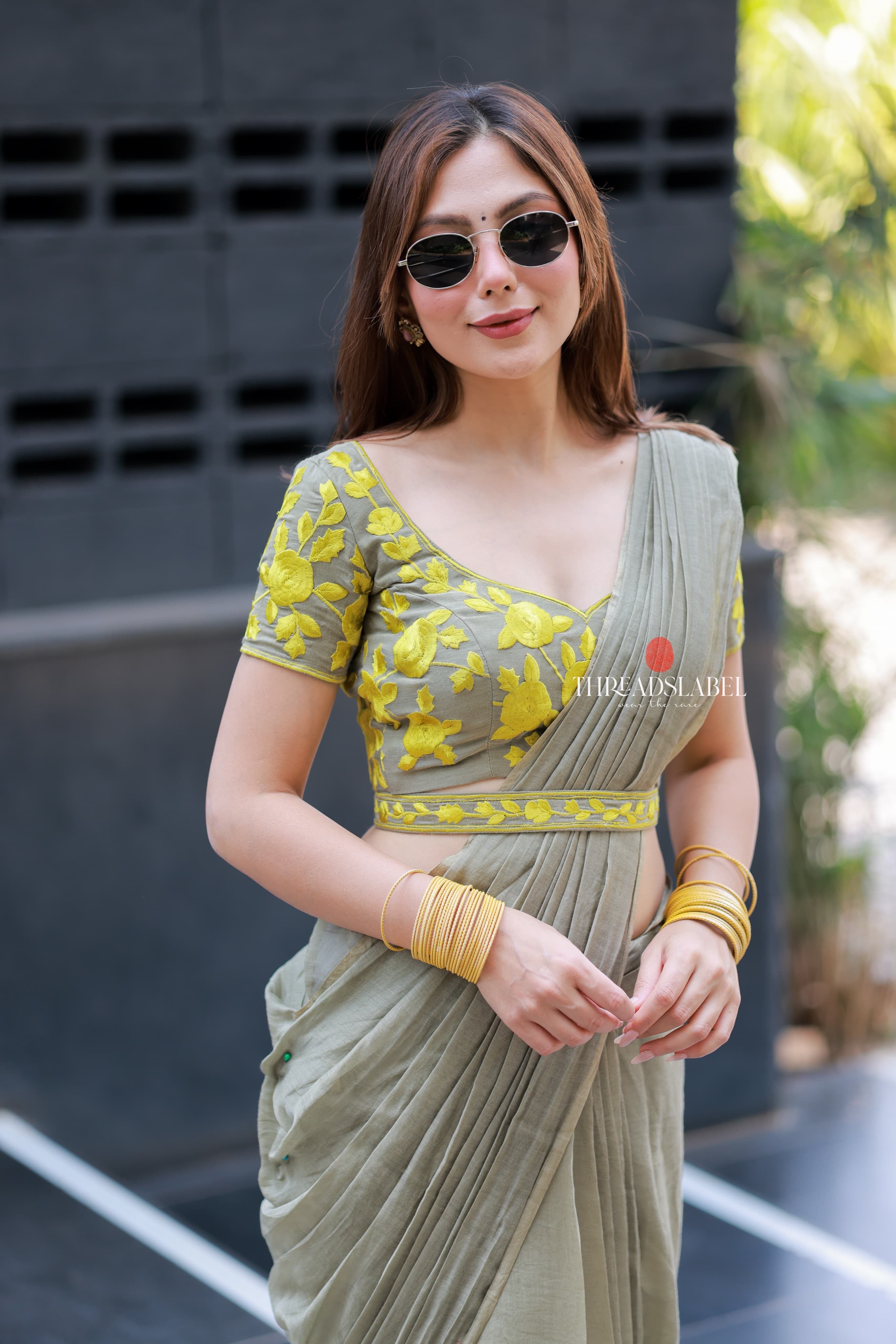 Apple green mul chanderi with embroidery blouse