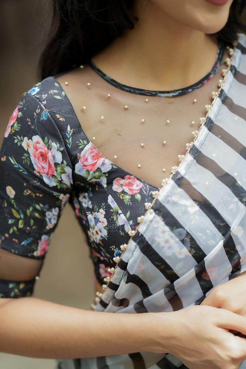 Black & white stripe organza saree with hand work blouse