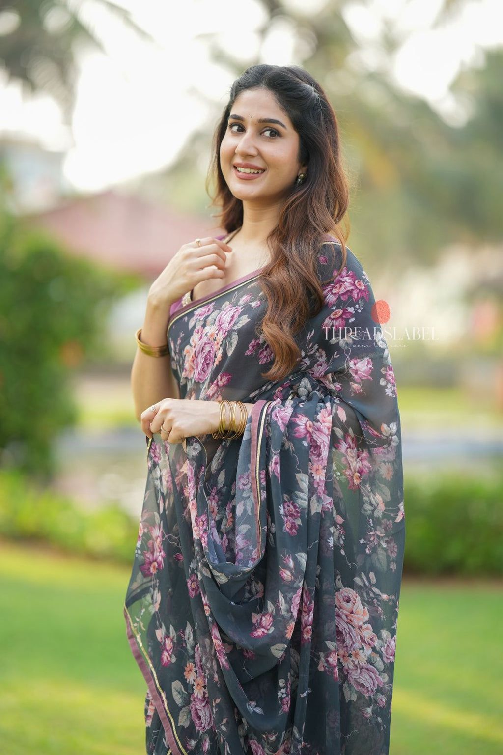 Grey georgette floral print saree (only saree)