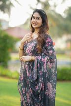 Grey georgette floral print saree (only saree)
