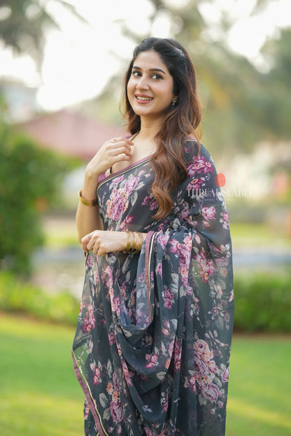 Grey georgette saree with pink hand work blouse