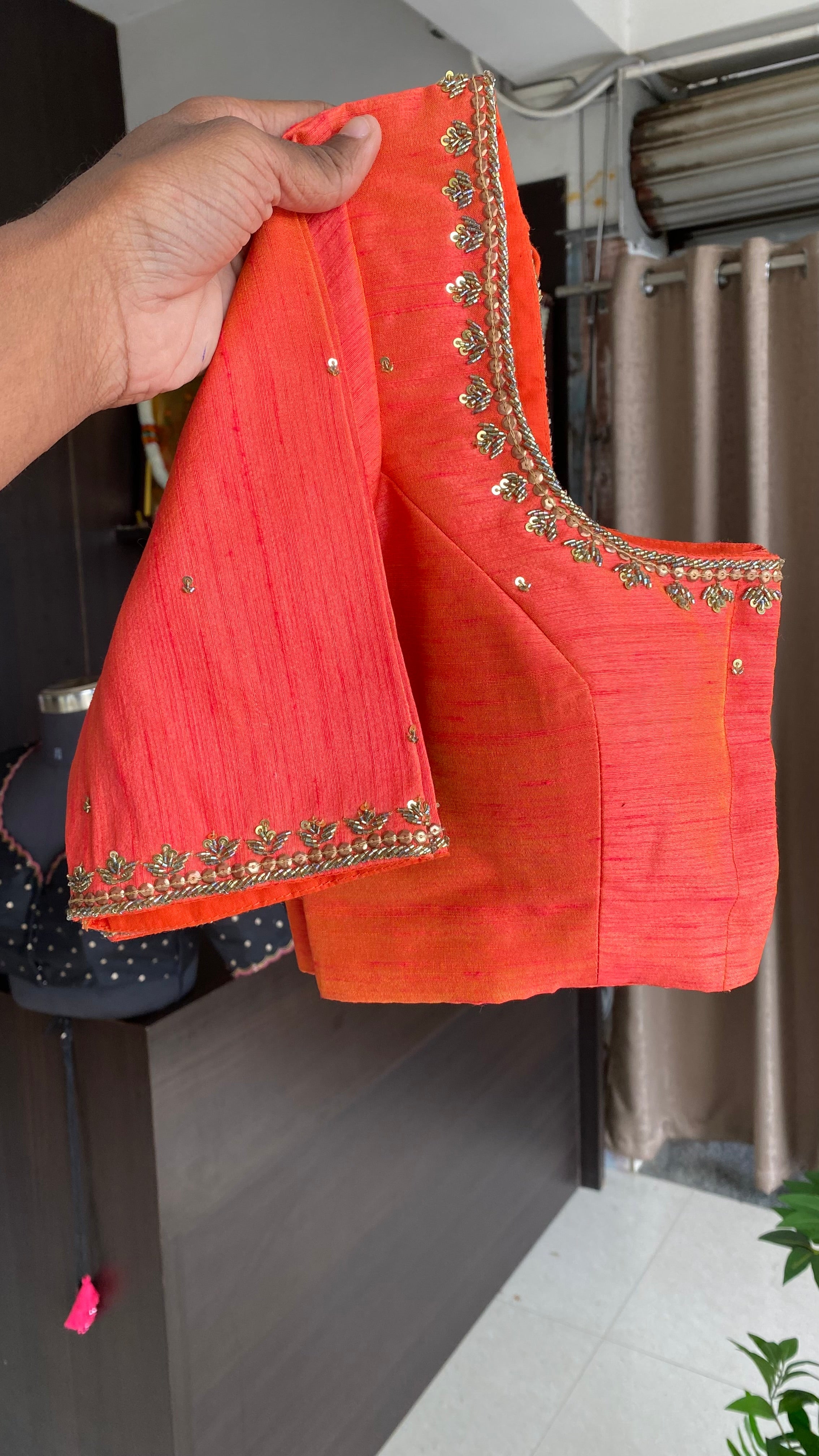 Orange silk heavy hand worked blouse