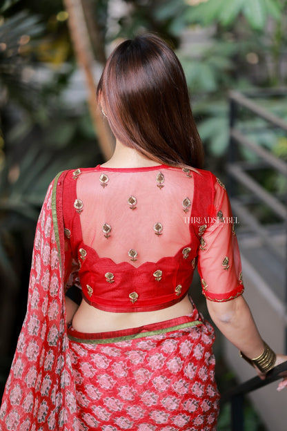 Red cotton kota saree with hand work blouse