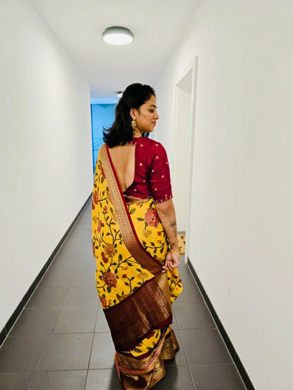 Blue silk printed saree with hand worked blouse