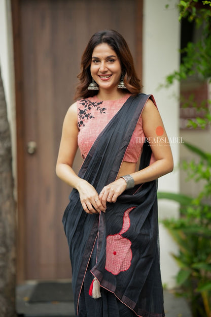 Black mul chanderi saree with pink embroidery blouse