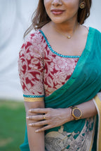 Green kota saree with kalamkari work blouse