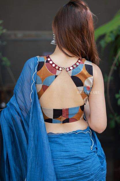 Blue mul chanderi saree with mirror work blouse