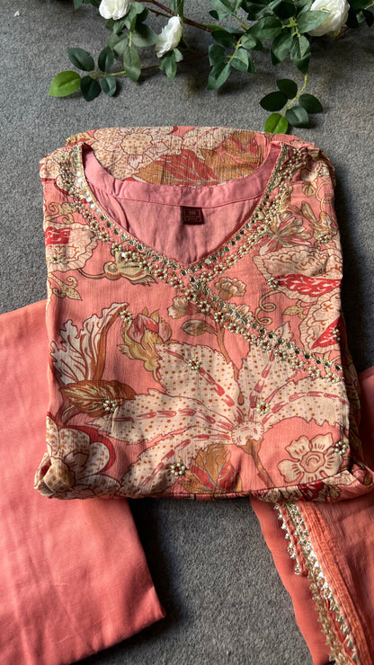 Peach Chinnon floral printed 3 piece kurti suit