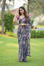 Grey georgette floral print saree (only saree)