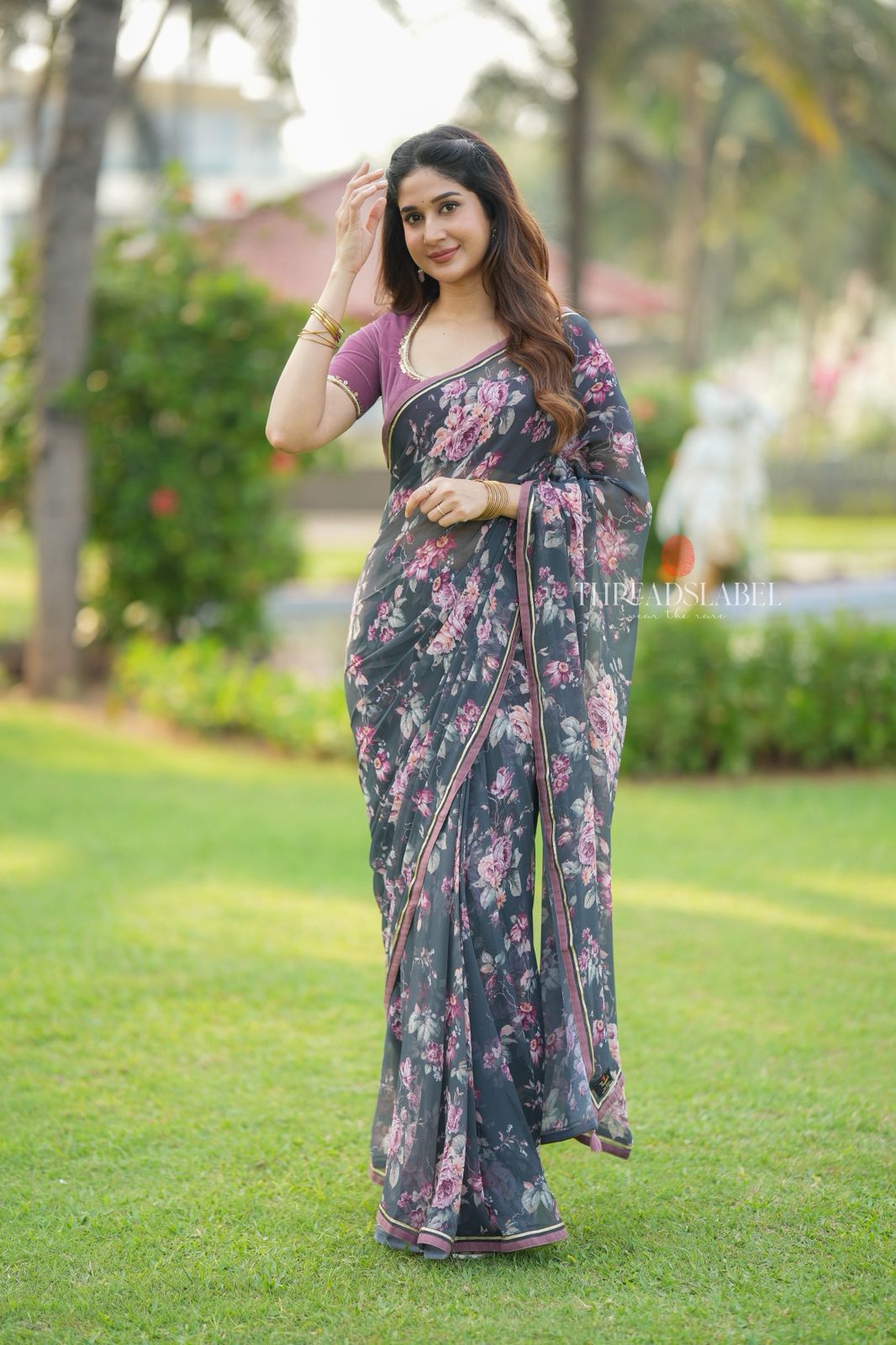 Grey georgette floral print saree (only saree)
