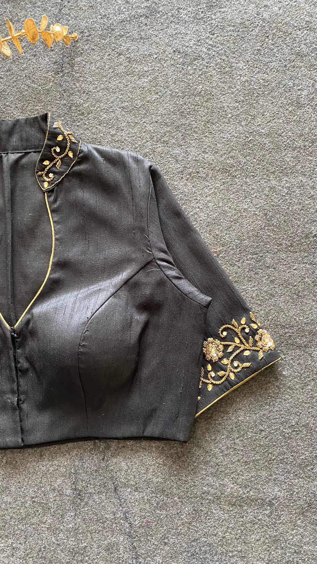 Black silk collar & sleeves hand worked blouse