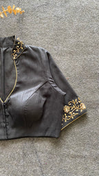 Black silk collar & sleeves hand worked blouse