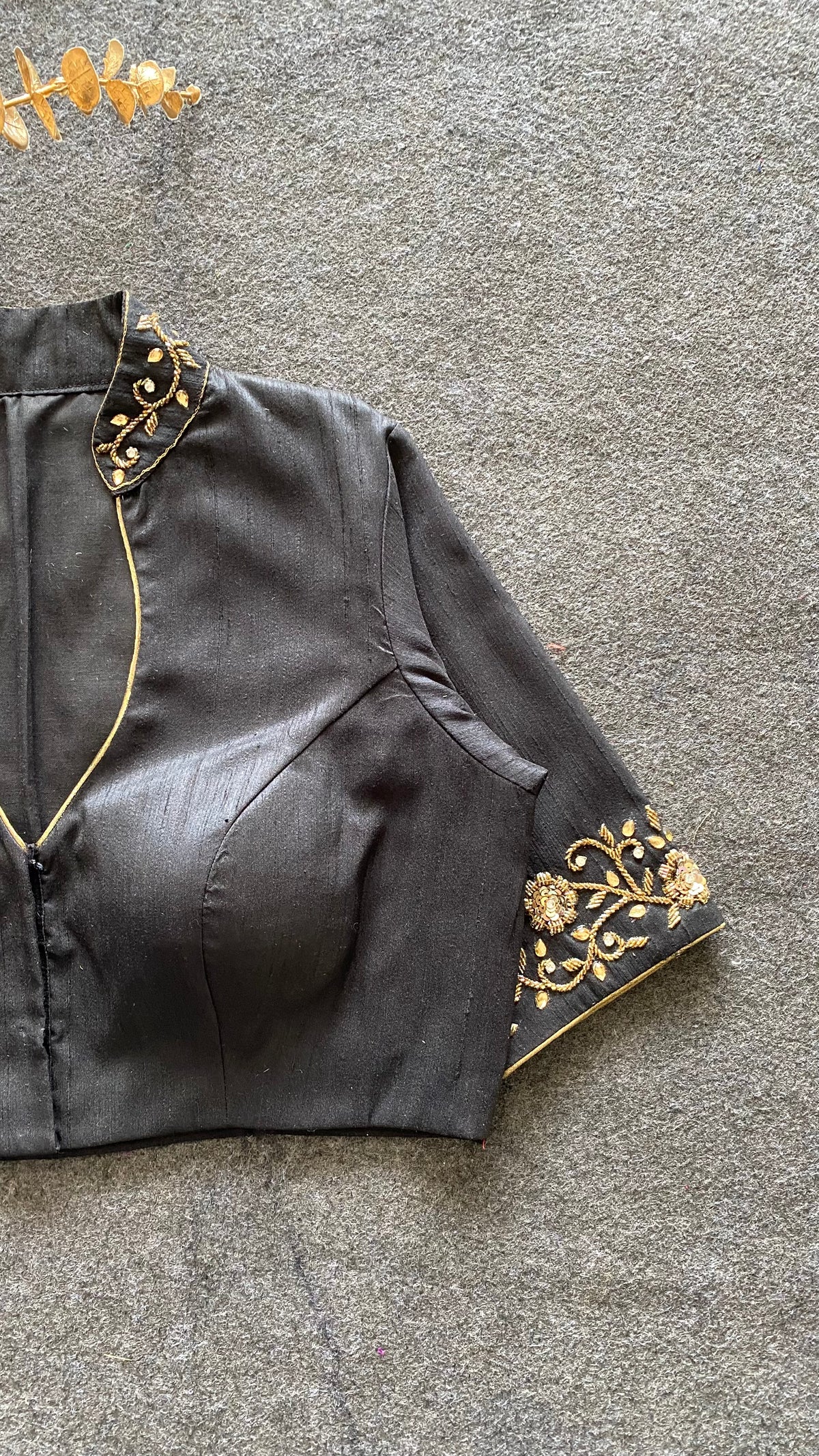 Black silk collar & sleeves hand worked blouse