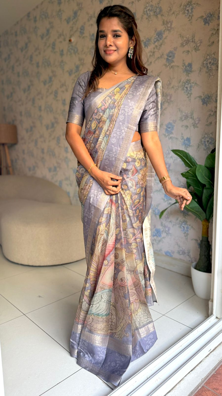 Smokey grey linen cotton kalamkari saree with pearl work blouse