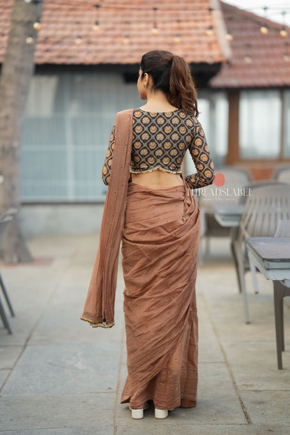 Brown malai chanderi saree with Ajrak print blouse