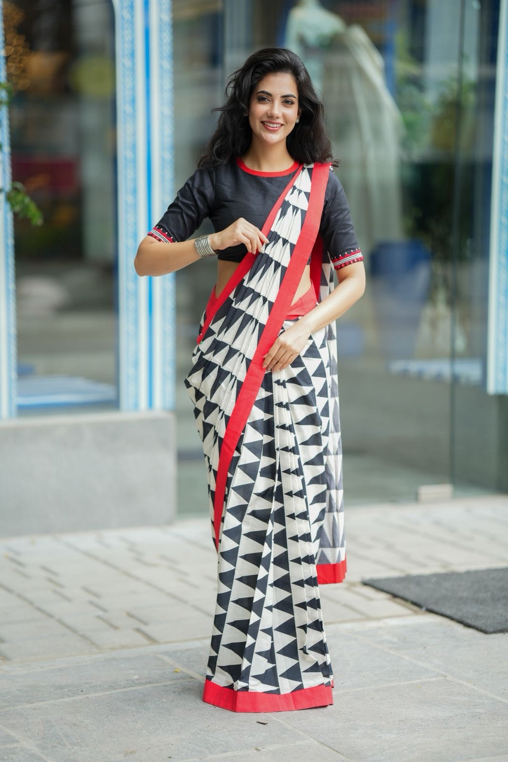 Black & white triangle saree with black hand work blouse