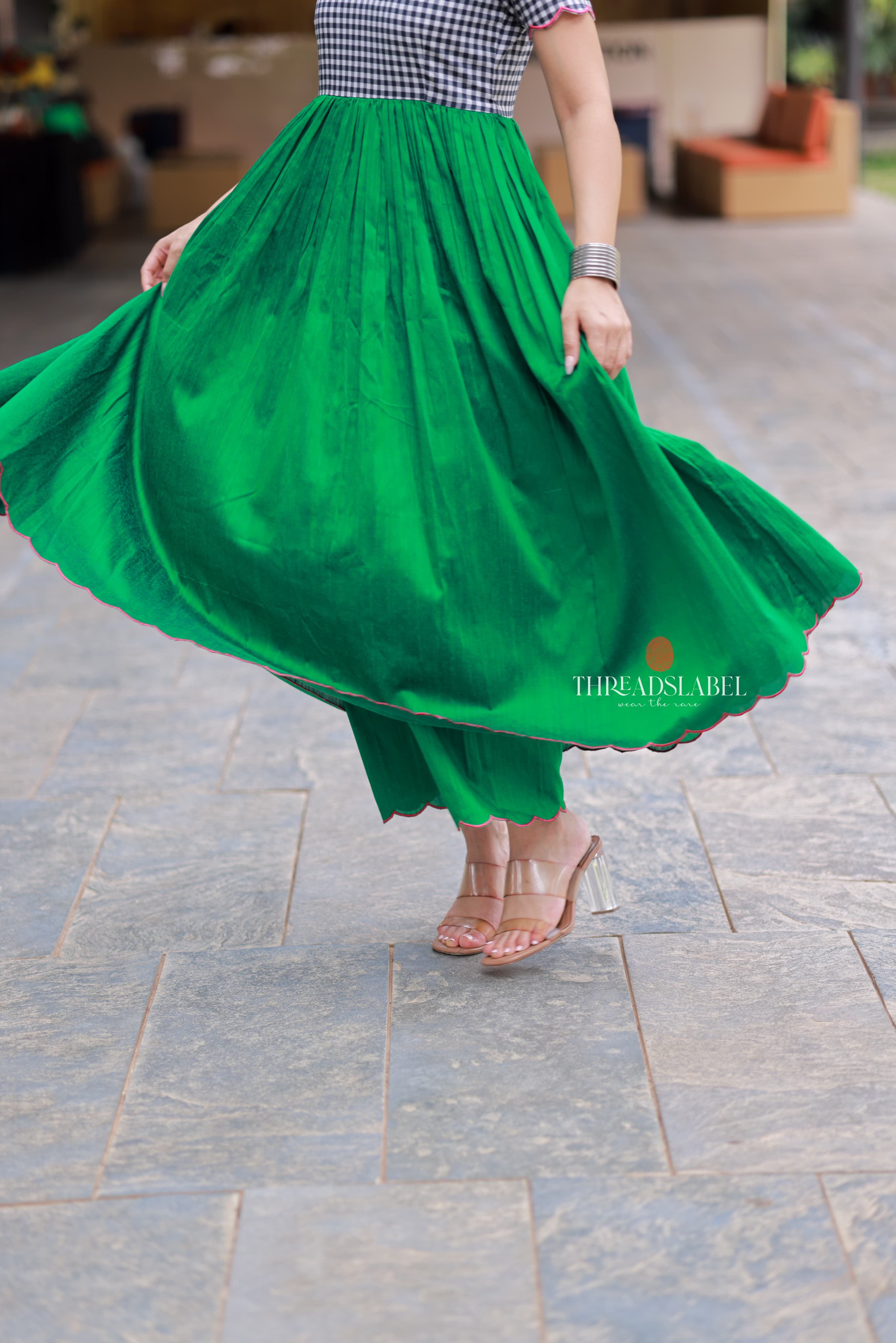 Grey green anarkali kurti set