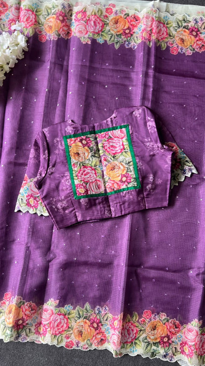 Lavender purple floral kota doria saree with patterned blouse