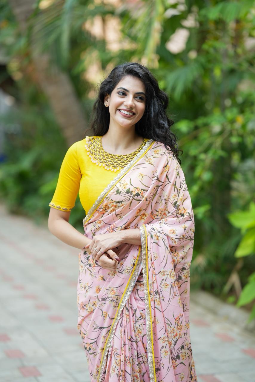 Yellow silk JEWEL NECK hand work blouse