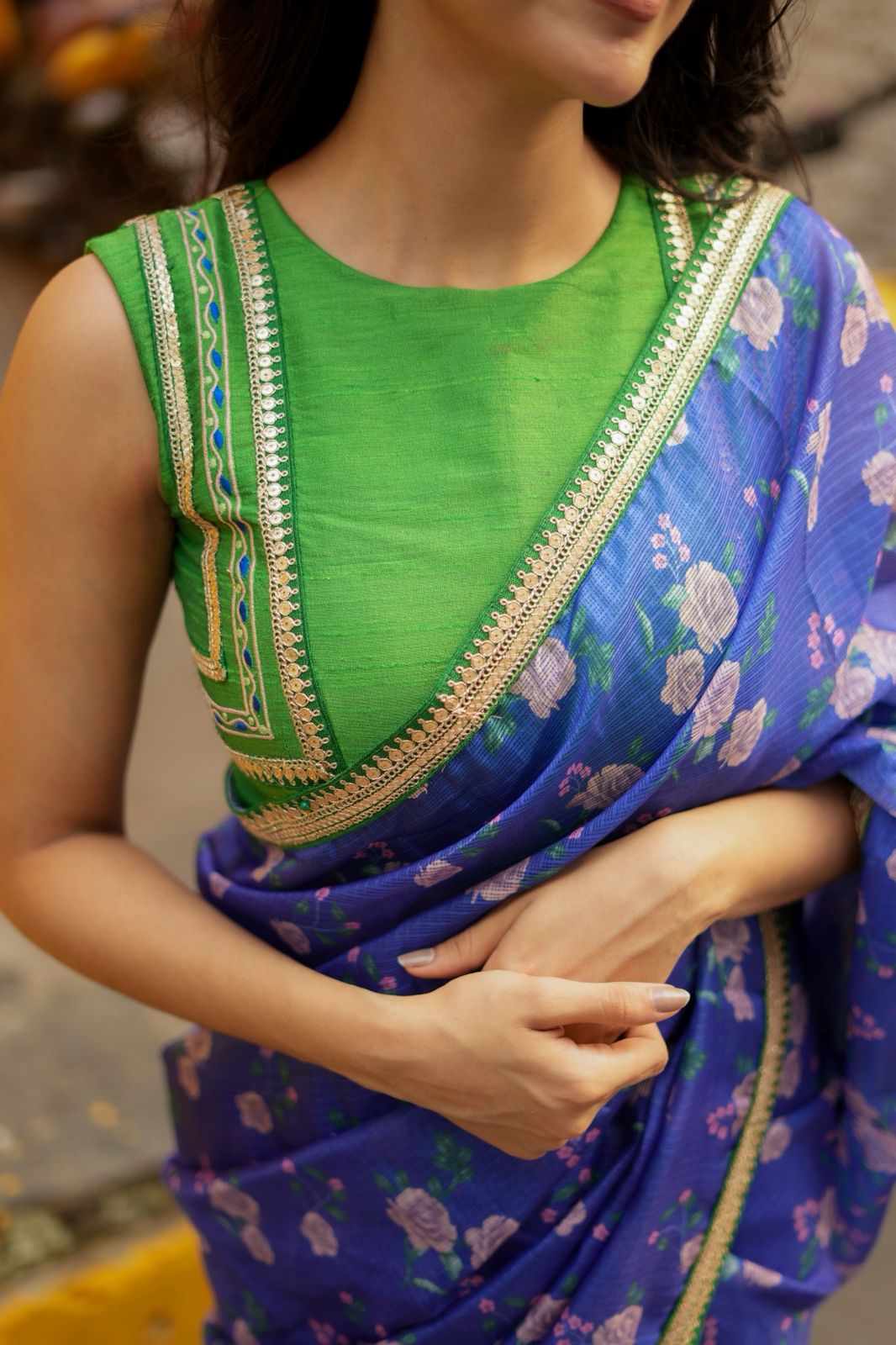 Blue kota saree with green hand work blouse