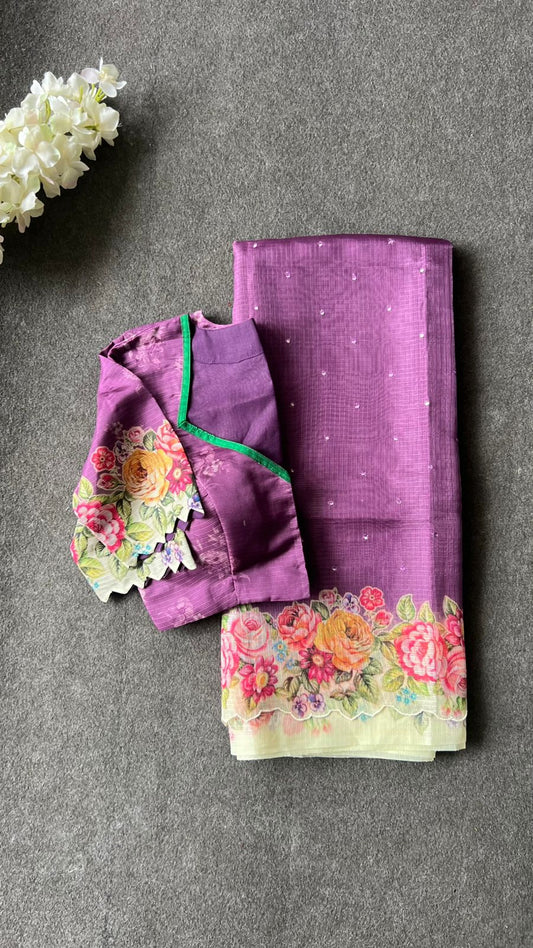 Lavender purple floral kota doria saree with patterned blouse