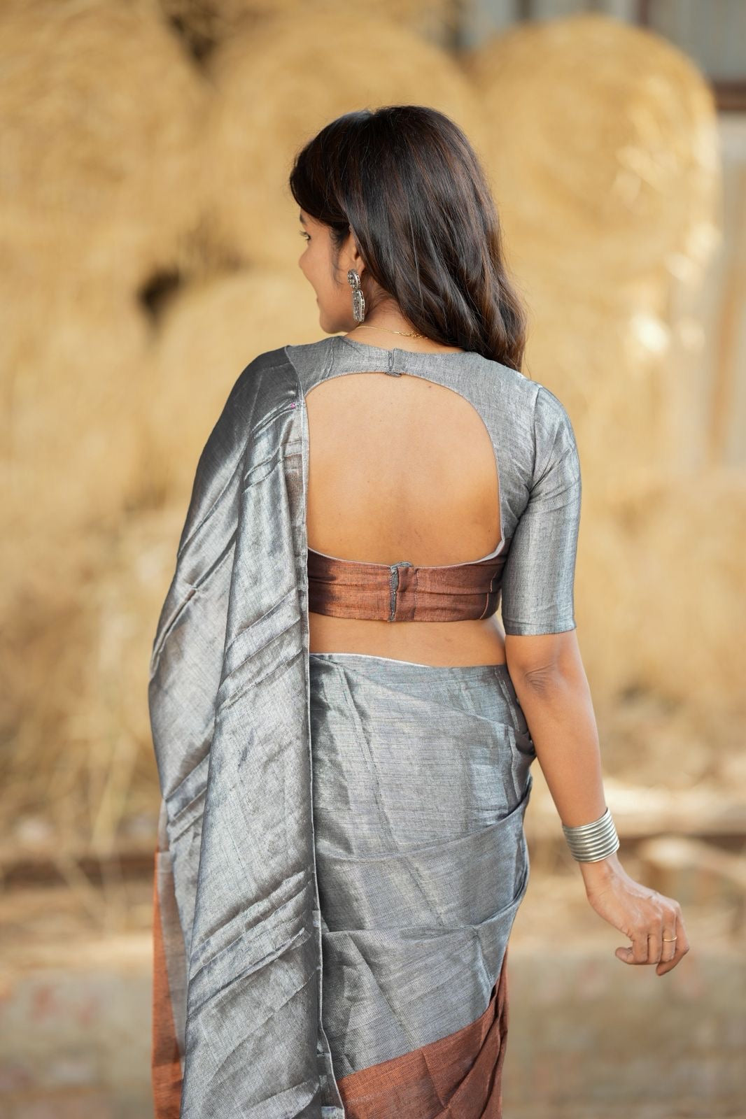 Silver grey brown soft tissue saree with handwork blouse