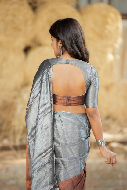 Silver grey brown soft tissue saree with handwork blouse