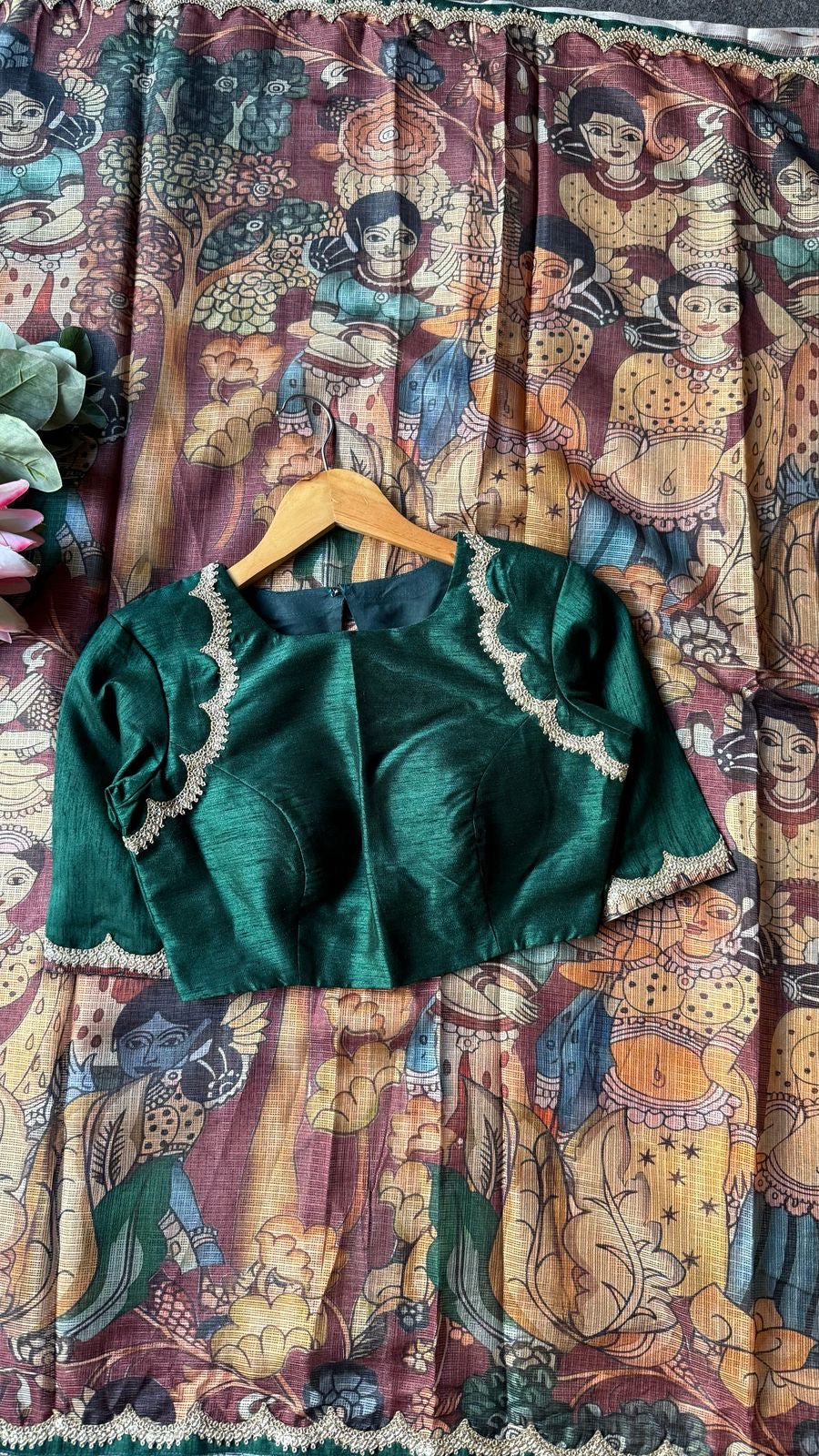 Brown kota kalamkari saree with embroidery blouse