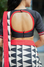 Black & white triangle saree with black hand work blouse