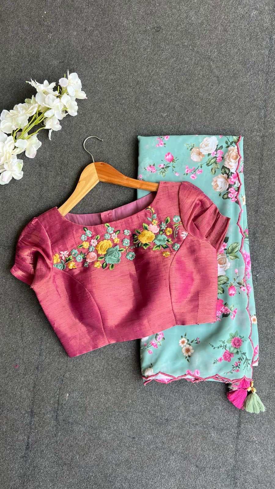Pink tissue floral embroidery blouse (only blouse)