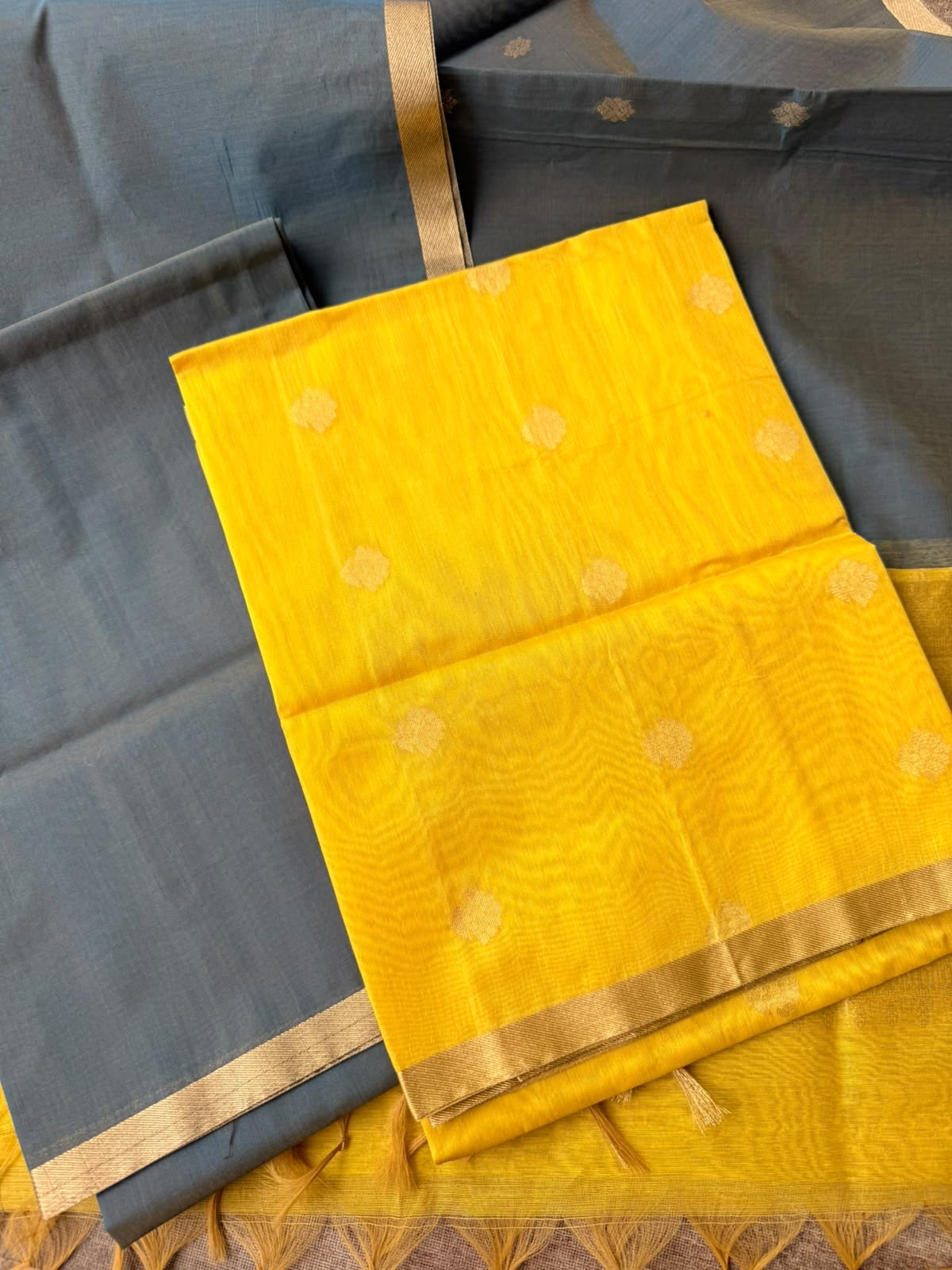 Yellow & blue chanderi 3 piece kurti