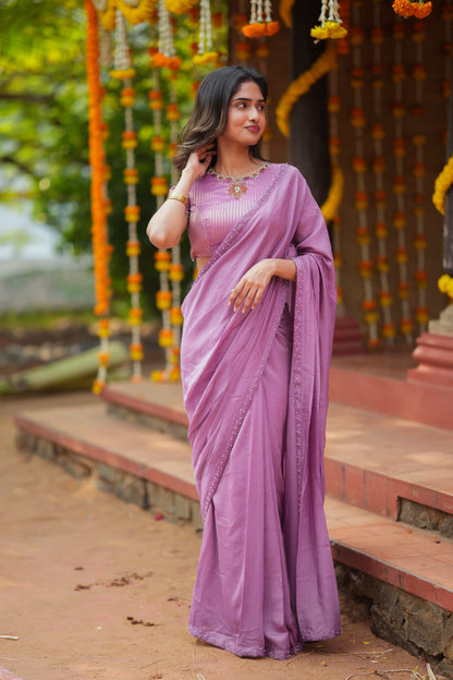 Lavender marble saree with Jewel neck handwork blouse