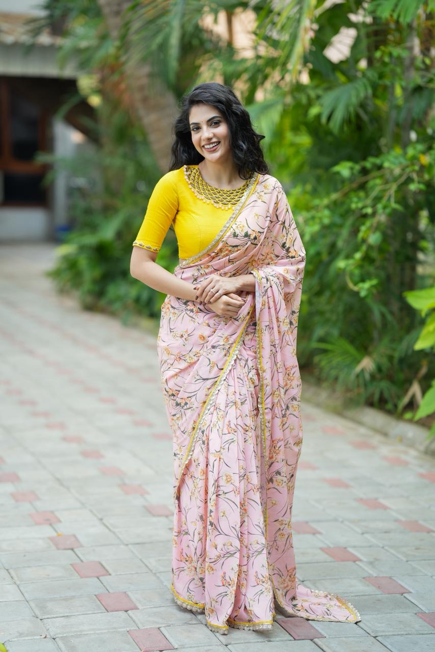 Yellow silk JEWEL NECK hand work blouse