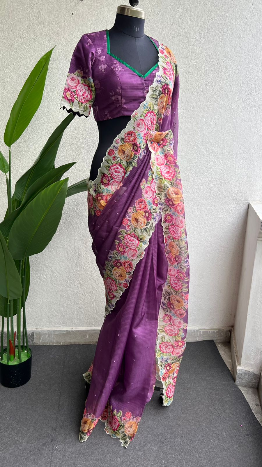 Lavender purple floral kota doria saree with patterned blouse