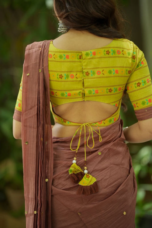 Brown malai chanderi saree with floral print blouse