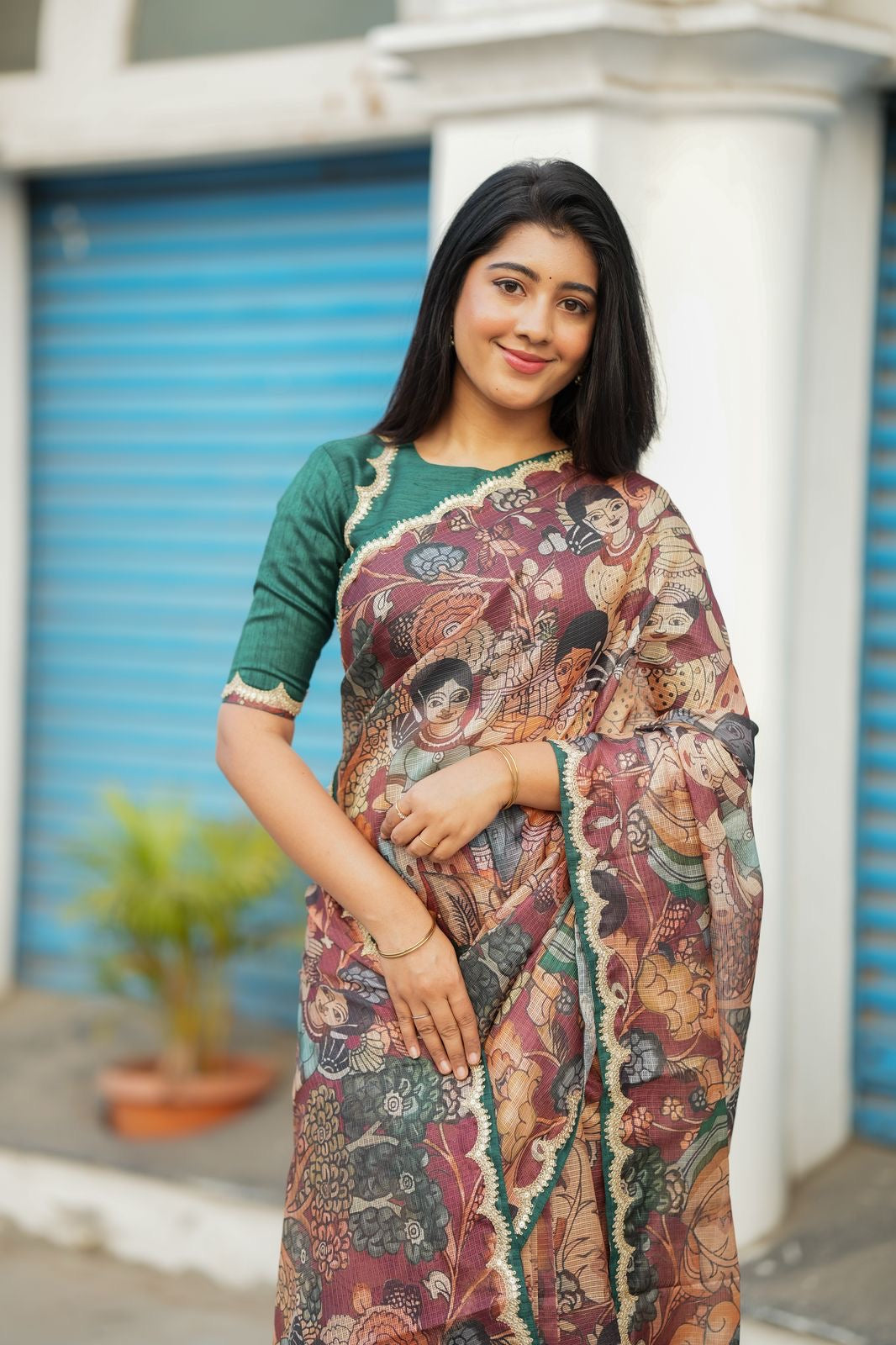 Brown kota kalamkari saree with embroidery blouse