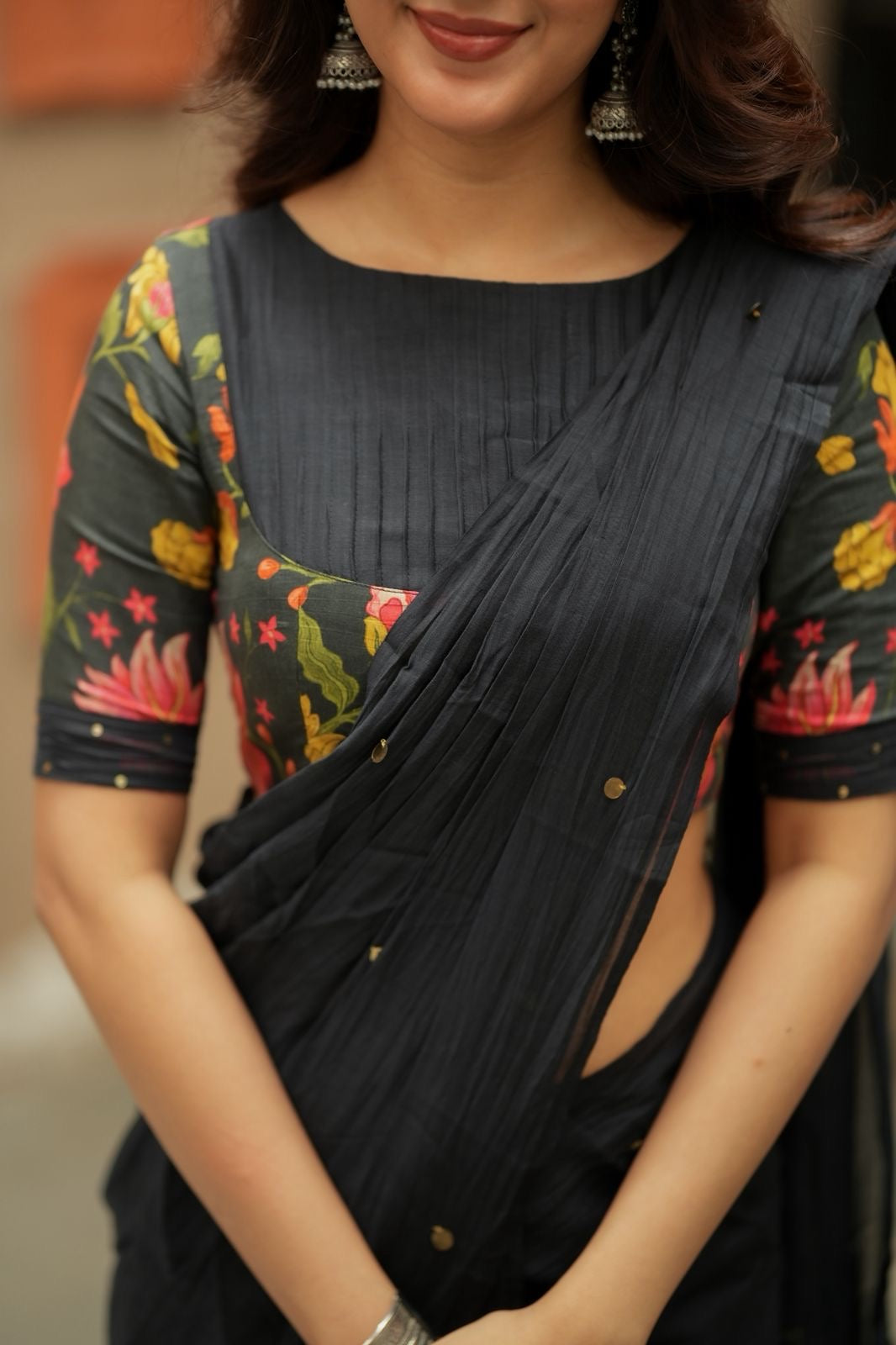 Black chanderi cotton floral print blouse (only blouse)